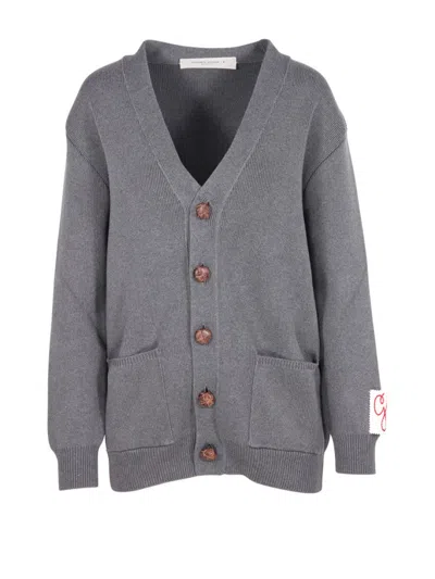 Golden Goose Ribbed V-neck Cardigan With Bold Logo Detail In Gray