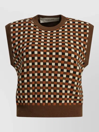Golden Goose Roby Crew Neck Sleeveless Checkered Top In Brown