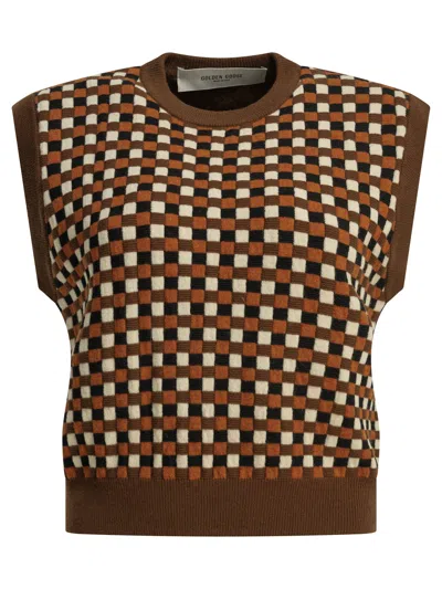 Golden Goose Roby Crew Neck Sleeveless Checkered Top In Brown
