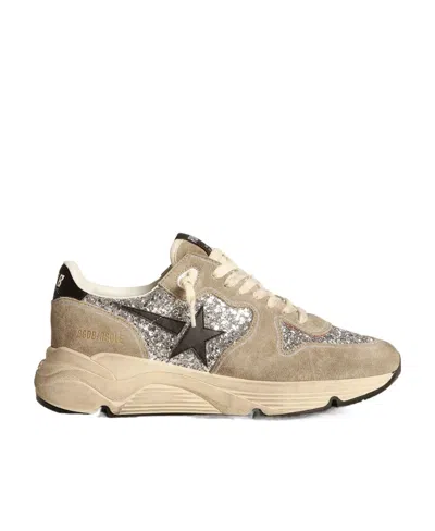 Golden Goose Running Sole Sneakers In Silver Glitter And Dove-gray Suede With Black Leather Star In Multi