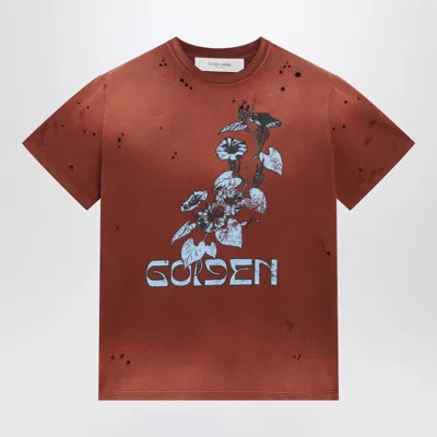 Golden Goose Rust-colored Cotton T-shirt With Floral Print In Brown
