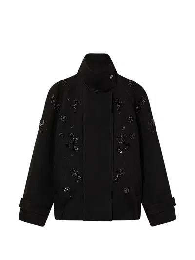 Golden Goose Deluxe Brand Women Black Denim Jacket With Floral Details In Sequins And Crystals