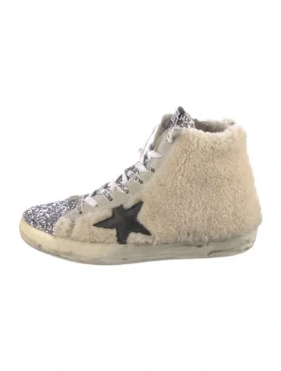 Pre-owned Golden Goose Shearling Tweed Pattern Wedge Sneakers In Silver