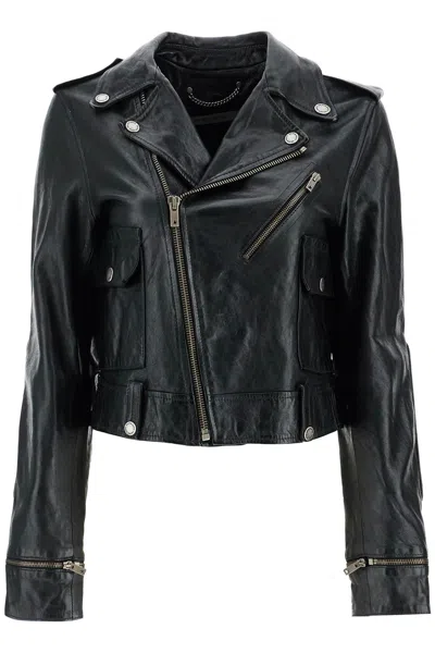 Golden Goose Shiny Black Sheepskin Biker Jacket With Sturdy Zip Women