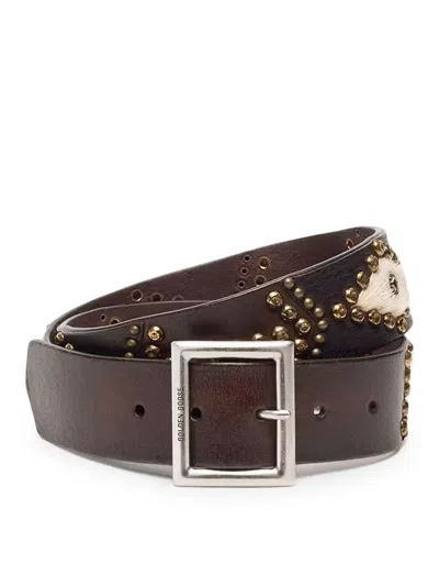 Golden Goose Sierra Belt In Mahogany Color Leather With Applied Studs In Nude