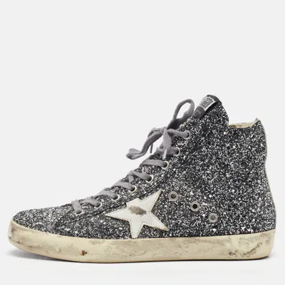 Pre-owned Golden Goose Silver/white Glitter And Leather High Top Francy Sneakers Size 40