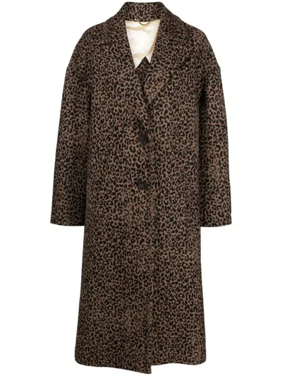 Golden Goose Single-breasted Cocoon Wool Coat With Jacquard Motif Clothing In Brown