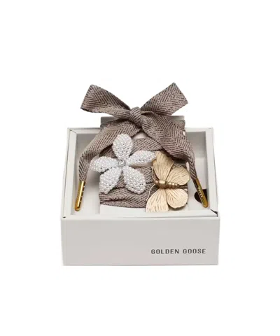 Golden Goose Skin 'sparkling' Brown, Black And Silver Herringbone Laces With Two Appliqué Charms In Yellow