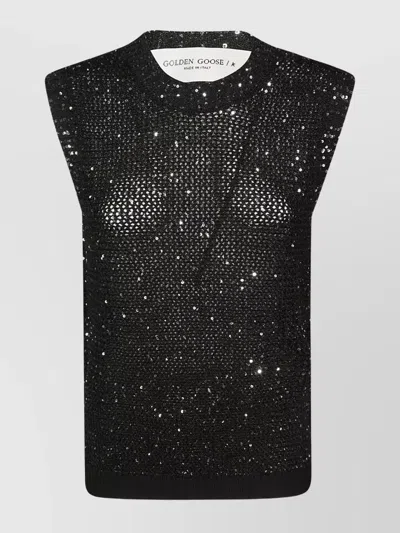 Golden Goose Sleeveless Top Round Neck Sequin Embellishments In Black