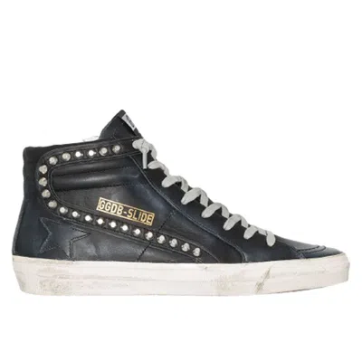 Pre-owned Golden Goose Slide Classic Leather Upper Studs Womens Distressed Sneakers-black