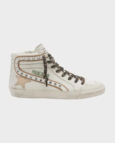 Golden Goose Slide Crystal Mid-top Leather Sneakers In White Beige Platinum