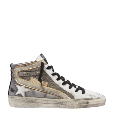 Golden Goose Slide Distressed Suede-trimmed Leather And Lurex High-top Sneakers In Metallic