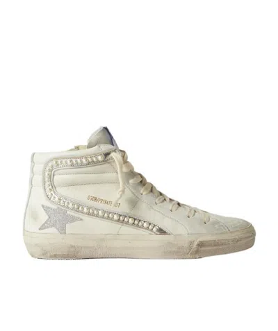 Golden Goose Slide Embellished Distressed Glittered Leather And Suede High-top Sneakers In White