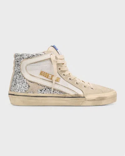 Golden Goose Slide Glitter High-top Sneakers In Silverwhitemarble