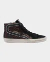 Golden Goose Deluxe Brand Women Slide Classic Suede High-top Sneakers With Glitter Inserts In Coffee Brown Black Silver