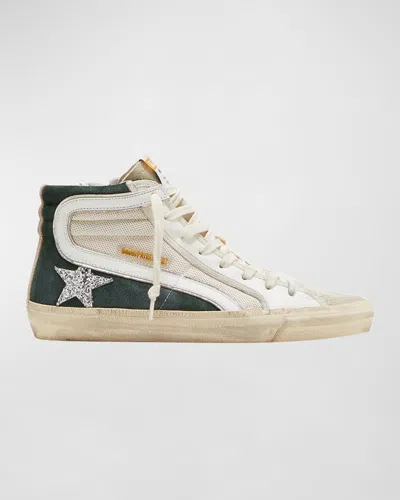 Golden Goose Slide High-top Glitter Leather Sneakers In Marble Cream