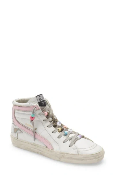 Golden Goose Slide High Top Sneaker In White/baby Pink/silver