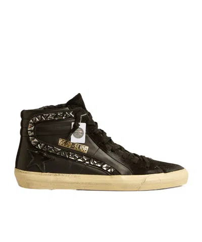 Golden Goose Slide In Black Leather With Black Star And Black Crystal Flash