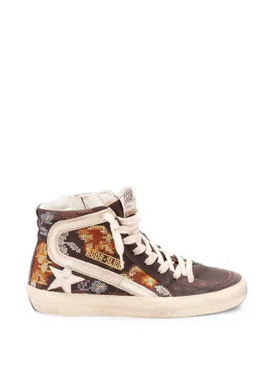 Golden Goose Slide In Ebony Leather With Cream Star And Multicolor Embroidery