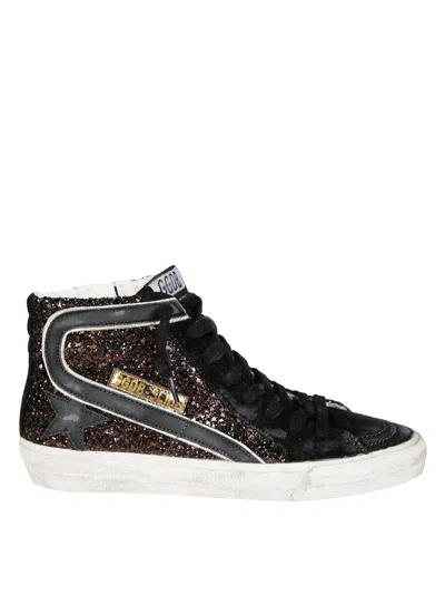Golden Goose Slide In Glitter With Leather Star And Flash In Black
