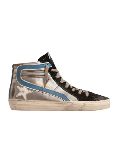 Golden Goose Slide In Silver Metallic Leather With White Leather Star In Gray