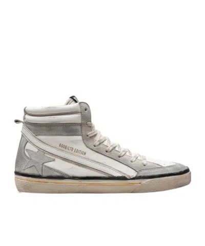 Golden Goose Slide Lab In Aged-white Nappa Leather With Gray Suede Star And White Leather Flash In Multi