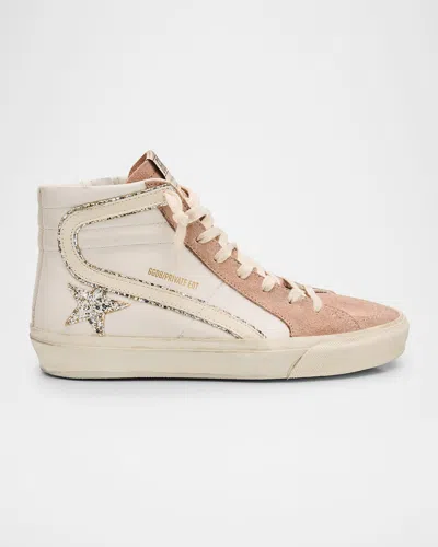 Golden Goose Slide Leather Glitter Mid-top Sneakers In White/powder Pink/pl