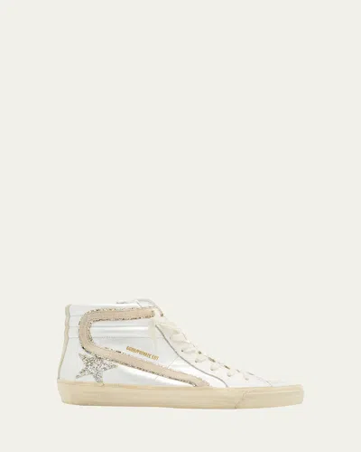 Golden Goose Slide Mid-top Glitter Pearly-stud Sneakers In White Platinum Seedpearl