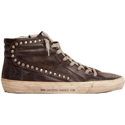 Pre-owned Golden Goose Slide Leather Upper With Studs Mens Distressed Sneakers - Brown