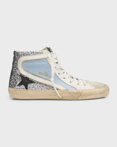 Golden Goose Slide Mid-top Glitter Leather Sneakers In Blue/silver/taupe/bl