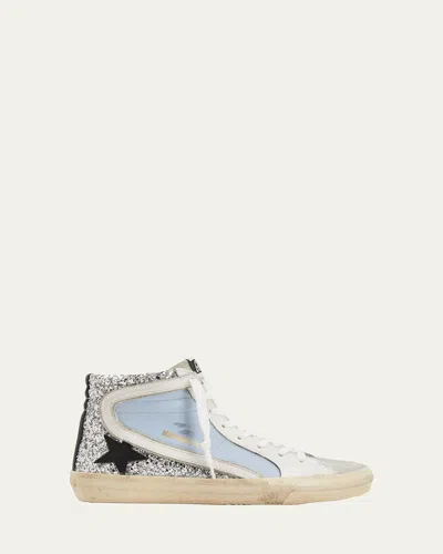 GOLDEN GOOSE SLIDE MID-TOP GLITTER LEATHER SNEAKERS