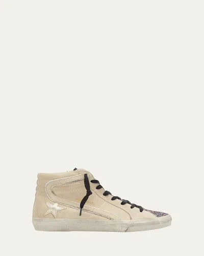 Golden Goose Slide Mid-top Glitter Suede Sneakers In Beige Multicolor Platinum Silver