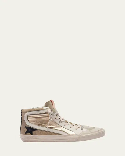 Golden Goose Slide Mid-top Metallic Leather Sneakers In Platinum Gold Ice Black White