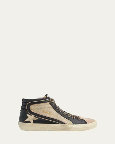 Golden Goose Slide Mid-top Mixed Leather Sneakers In Beige/black/nougat/g