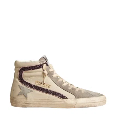 Golden Goose Slide With Gray Leather Star And Wine-colored Glitter Flash In Neutral