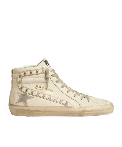 Golden Goose Slide With Silver Metallic Leather Star And Leather Flash With Stars In Neutral