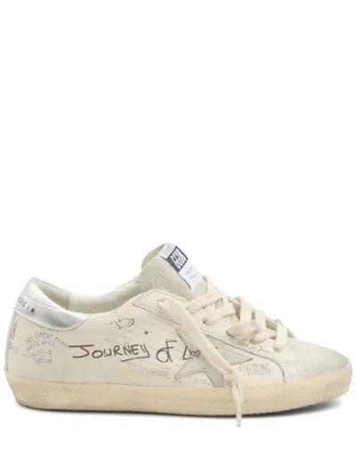 Golden Goose Deluxe Brand Distressed Leather Sneakers With Contrasting Heel Detail In Bianco E Argento