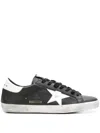 Golden Goose 'super-star' Black Low Top Sneakers With Logo Patch And Suede Details In Leather Man In Black