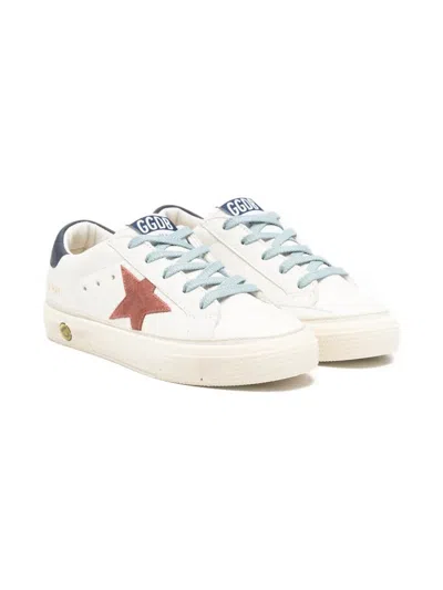 Golden Goose Kids' May Sneakers In Leather With Suede Star And Blue Leather Heel In White