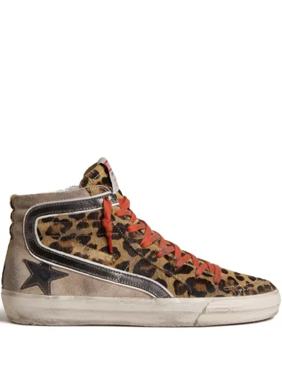 Golden Goose Slide Sneakers In Leopard-print Pony Skin With Metallic Leather Star And Flash In Animal Print