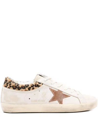 Golden Goose Super-star Sneakers In Suede With Worn Effect And Leopard Print Hairy Cow In White