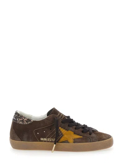 Golden Goose Sneakers Super-star With Suede Upper And Glitter Detail On Brown Heel For Women