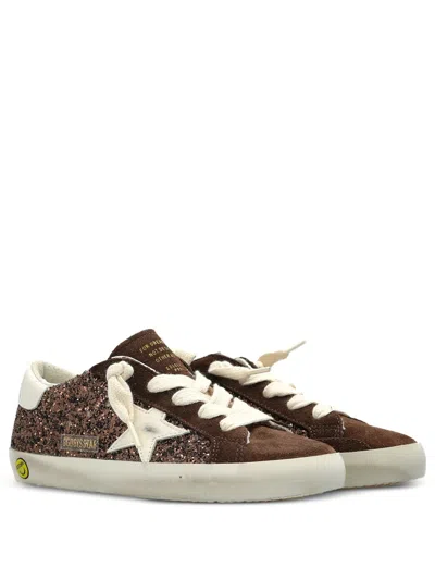 Golden Goose Kids' Sneakers Super-star Young In Suede E Glitter Marrone Con Stella In Pelle Crema In Brown