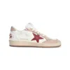 Golden Goose Ball Star Distressed Effect Sneakers With Red Leather Star And Pink Suede Heel Tab Shoe In White