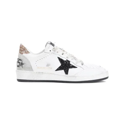 Golden Goose Ballstar White Low Top Sneakers With Glittered Star Patch On The Side And Glittered Heel With Logo L