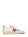 Golden Goose Ball Star Distressed Effect Sneakers With Red Leather Star And Pink Suede Heel Tab Shoe In White/red/pink