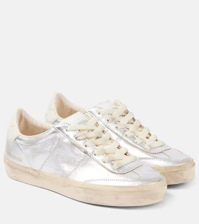 Golden Goose Soul-star Metallic Low Top Sneakers With Logo Lettering On Tongue And Heel In Laminated Leather Woma In Silver