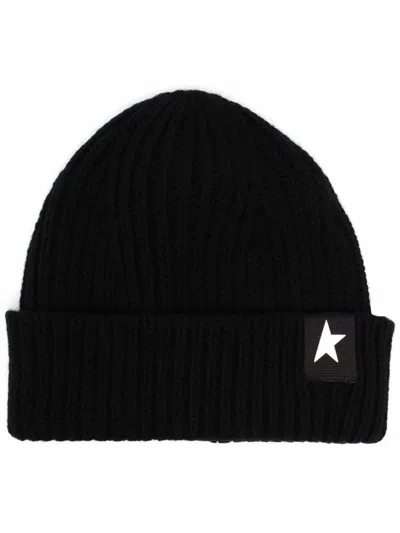 Golden Goose Star Patch Ribbed Beanie In Black