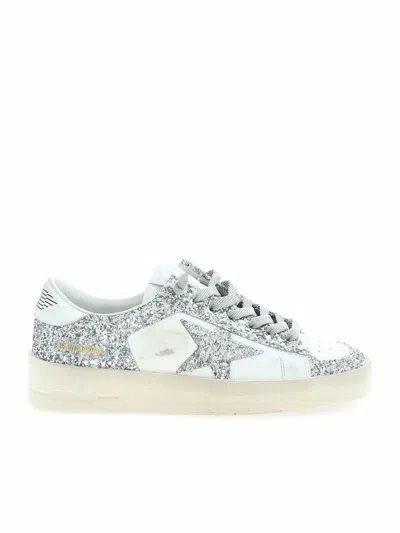 GOLDEN GOOSE STARDAN SNEAKERS IN WHITE AND SILVER GLITTER