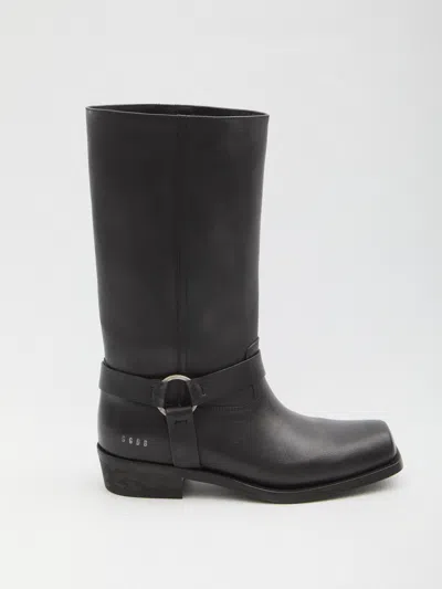 Golden Goose Stivali Biker Alti Donna In Pelle Nera Con Cinturino E Fibbia Color Argento In Black